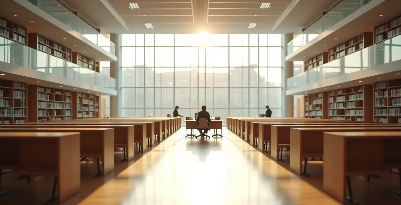 Person conducting academic research on a laptop in a spacious, modern university library.