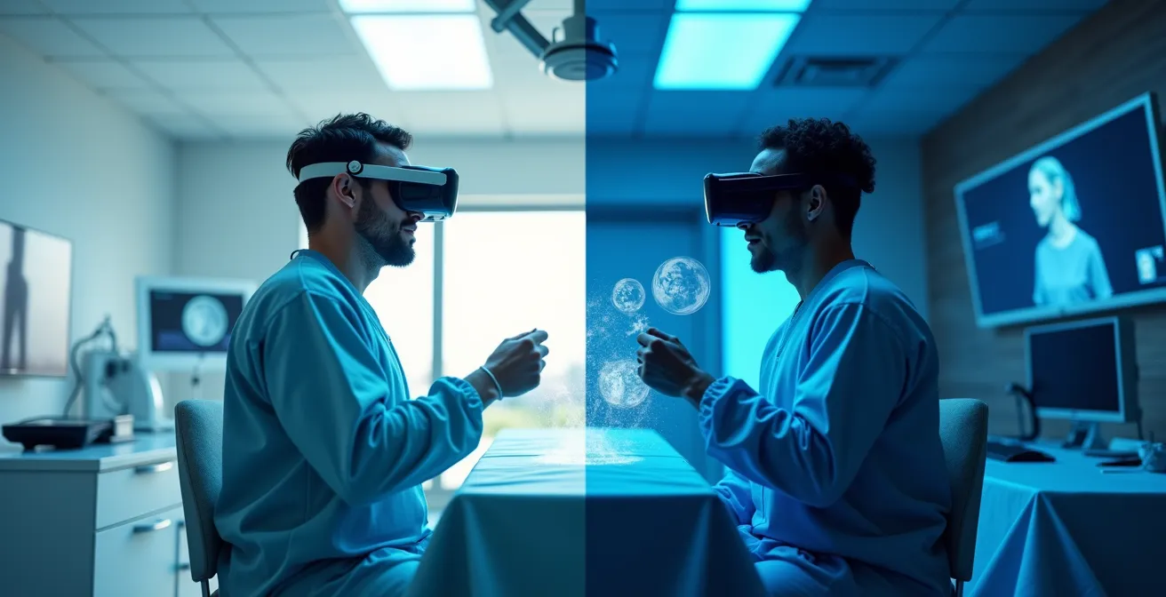 Split-screen view showing AR overlay on real surgery versus VR simulated operating room