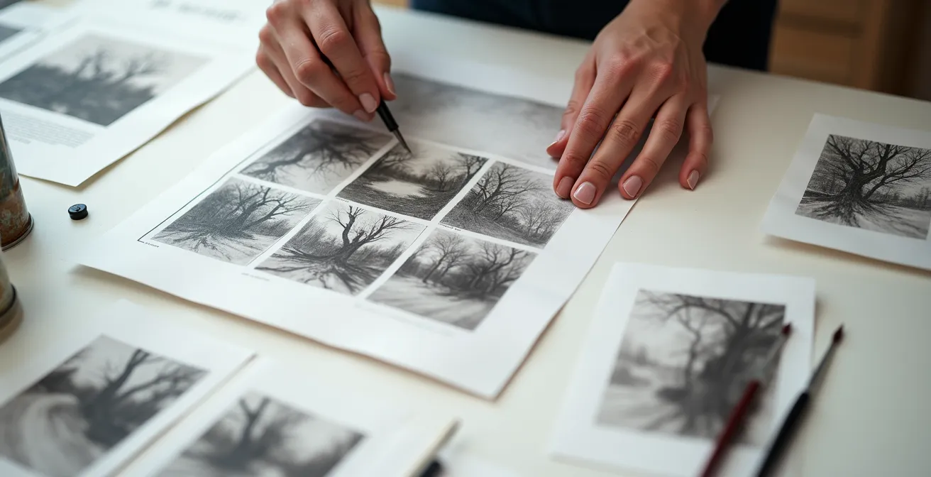 Art student arranging portfolio pieces for merit scholarship submission with sketches and finished works