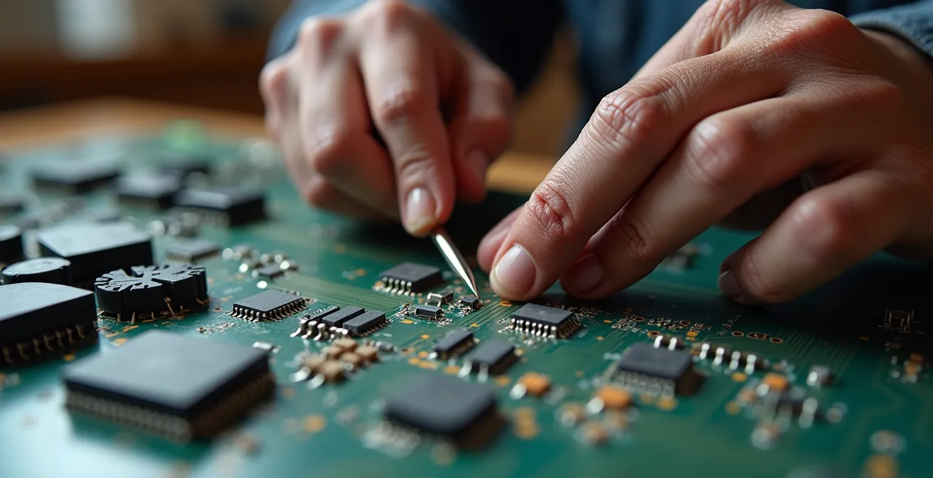 Close-up of skilled hands performing precision trade work with advanced tools