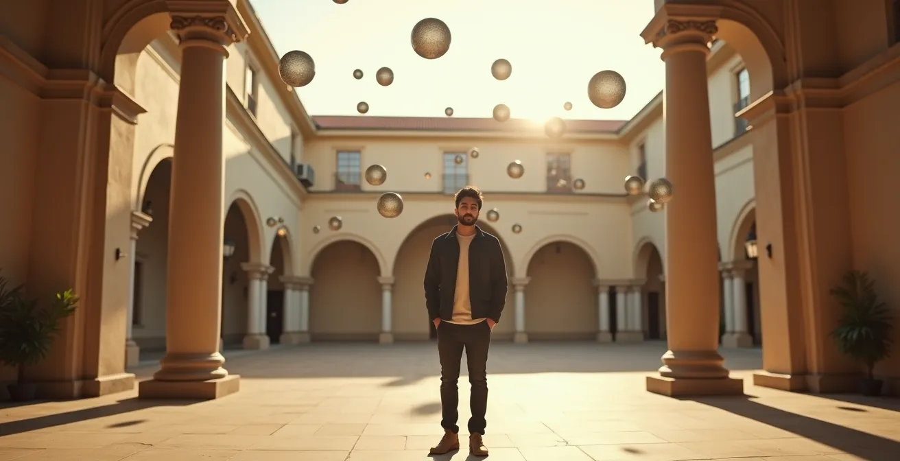 Student standing out in smaller university setting with enhanced opportunities visualized metaphorically