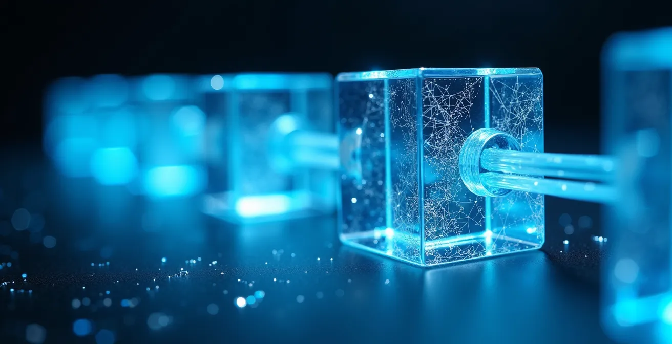 Macro shot of interconnected glass blocks with light beams passing through representing blockchain transparency