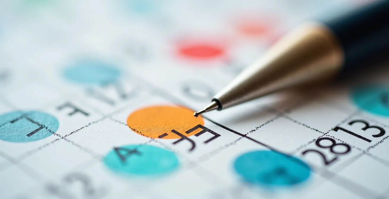Close-up of calendar with marked deadlines and planning notes