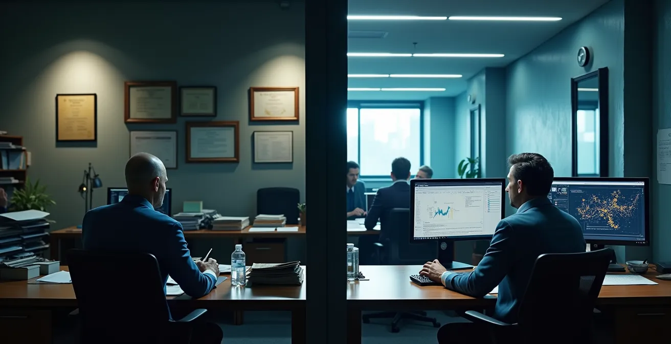 Two professionals on diverging career trajectories showing the impact of continuous learning versus stagnation.