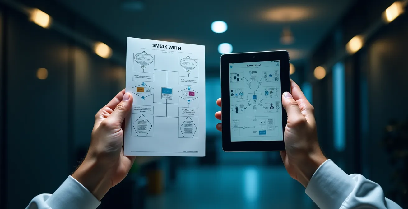 Healthcare professional analyzing digital product workflows on transparent interface