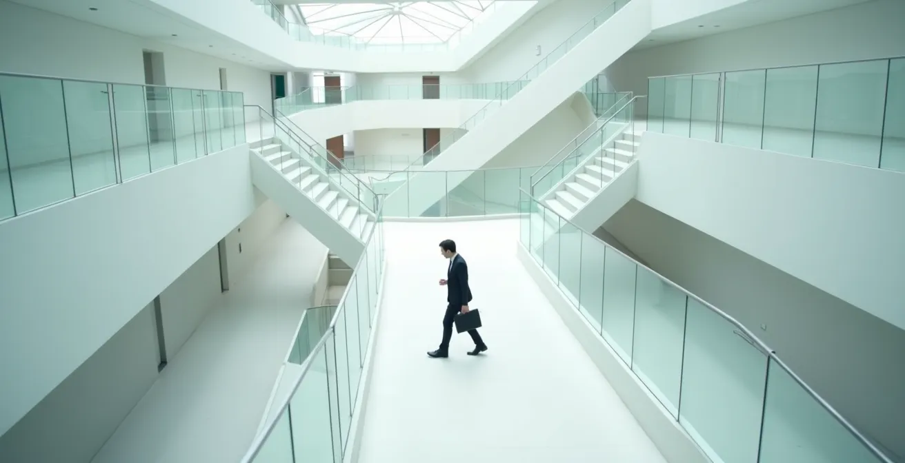 Wide shot of professional navigating through modern architectural space with intersecting geometric pathways