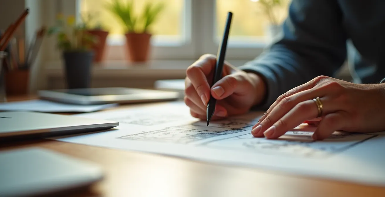 Split workspace showing creative arts materials transitioning seamlessly into technology equipment