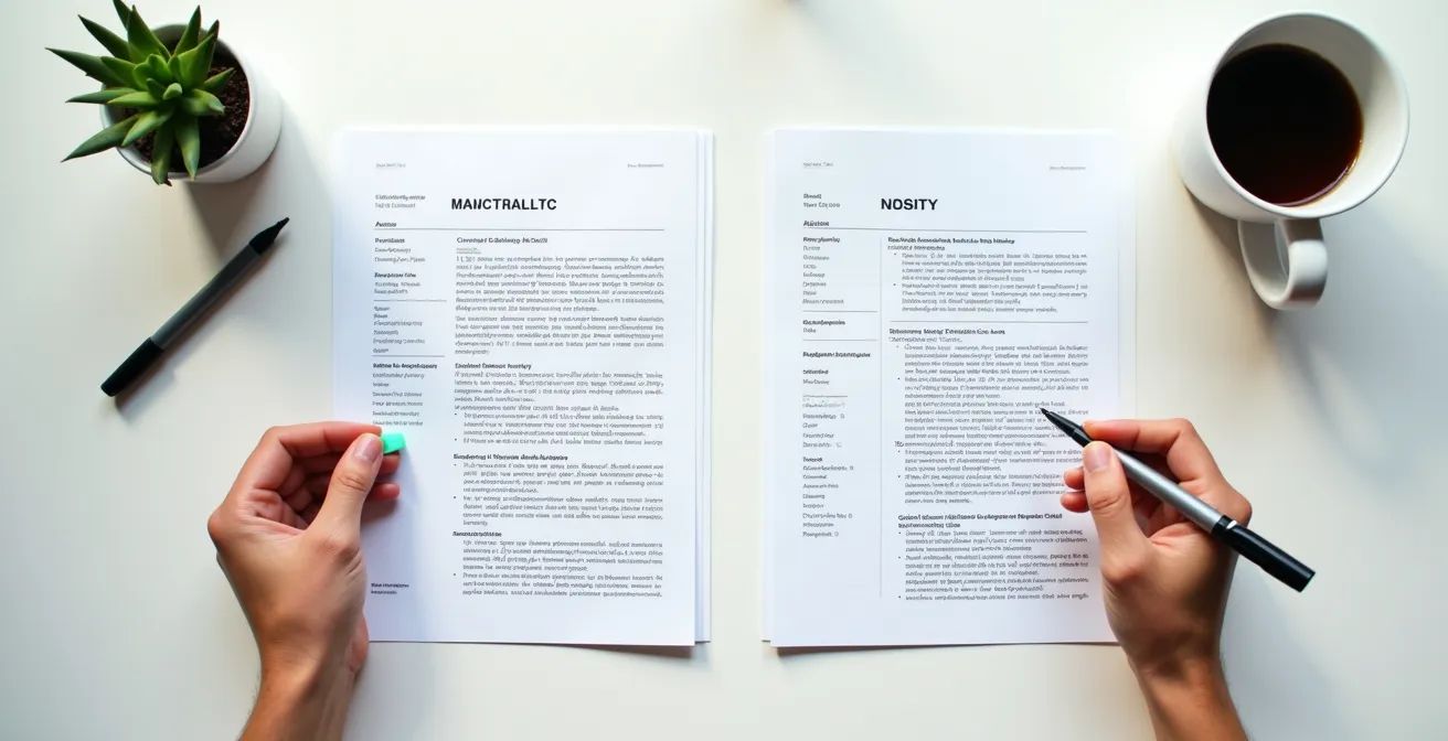 Close-up of hands reviewing documents with career transition materials