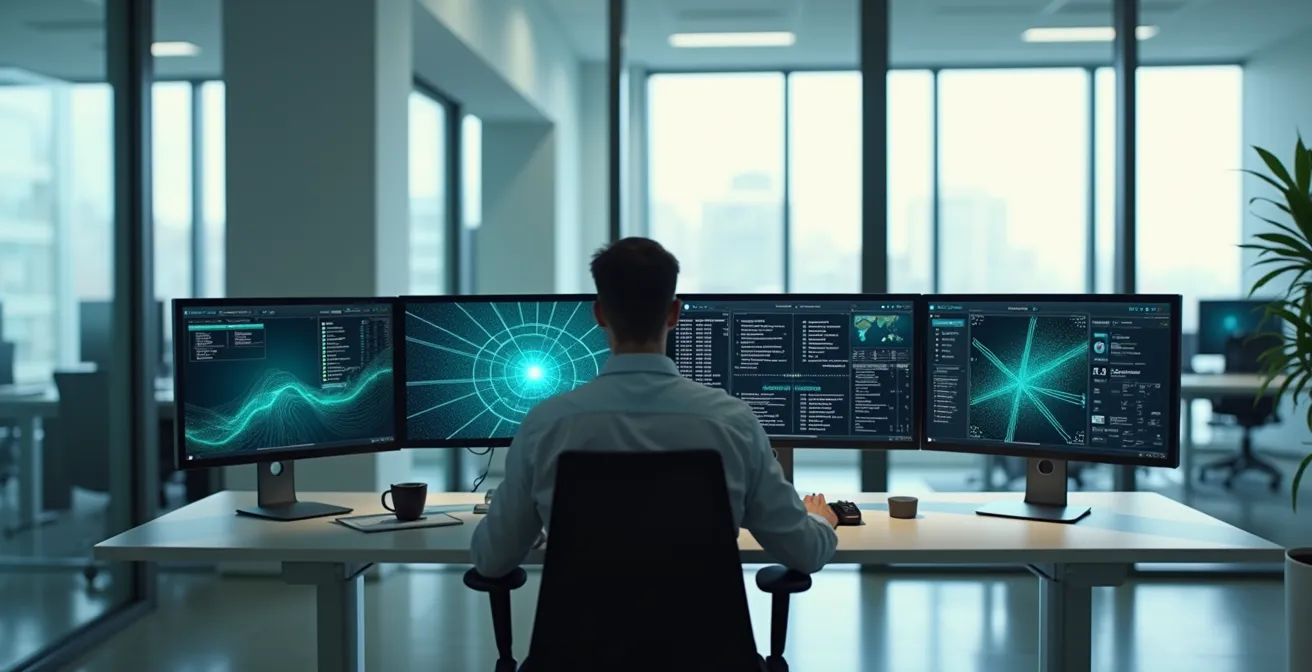 Abstract visualization of data verification process with interconnected nodes and verification checkmarks