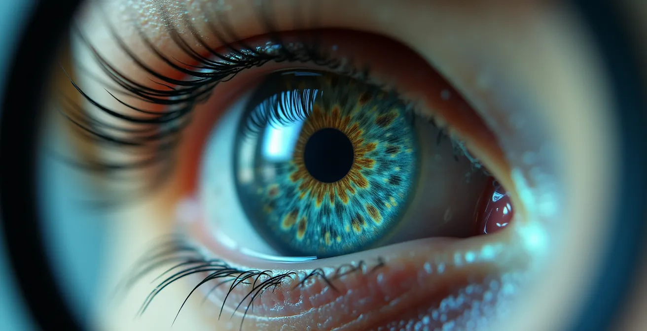 Extreme close-up of examining eye looking through magnifying glass at abstract patterns