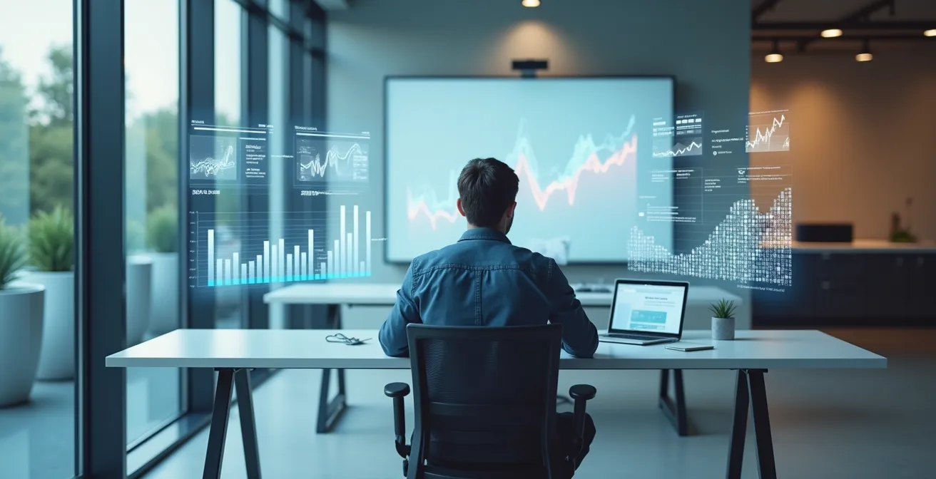 Software developer studying code quality metrics through abstract data visualization