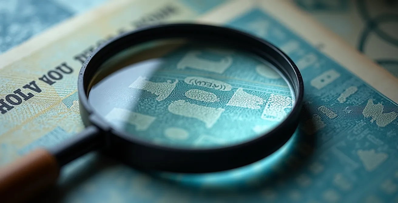 A close-up of a magnifying glass examining the fine print of a document, symbolizing the investigation of diploma mill red flags.