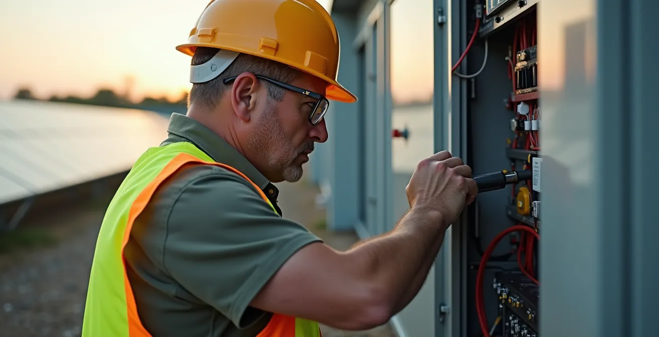 Professional electrician configuring industrial-scale solar inverter installation