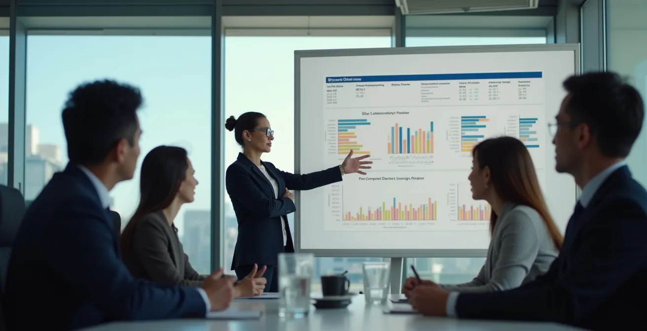 Business professional presenting to senior management in boardroom setting