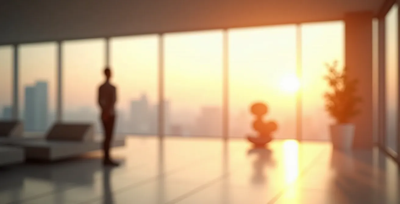 Serene professional contemplating financial documents with balanced composition suggesting stability