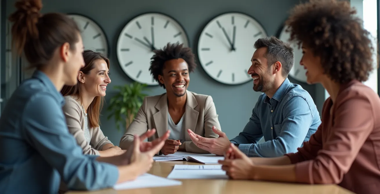 Diverse professionals collaborating across time zones in modern office setting