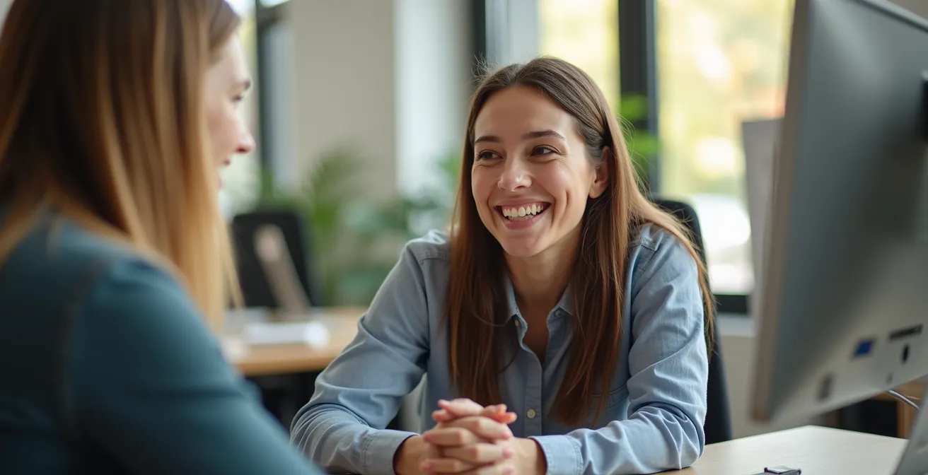 Wide shot of modern corporate workspace with interns collaborating