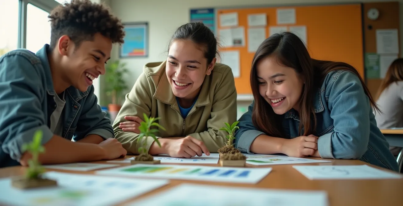 Students working together on a science project with models and evidence boards