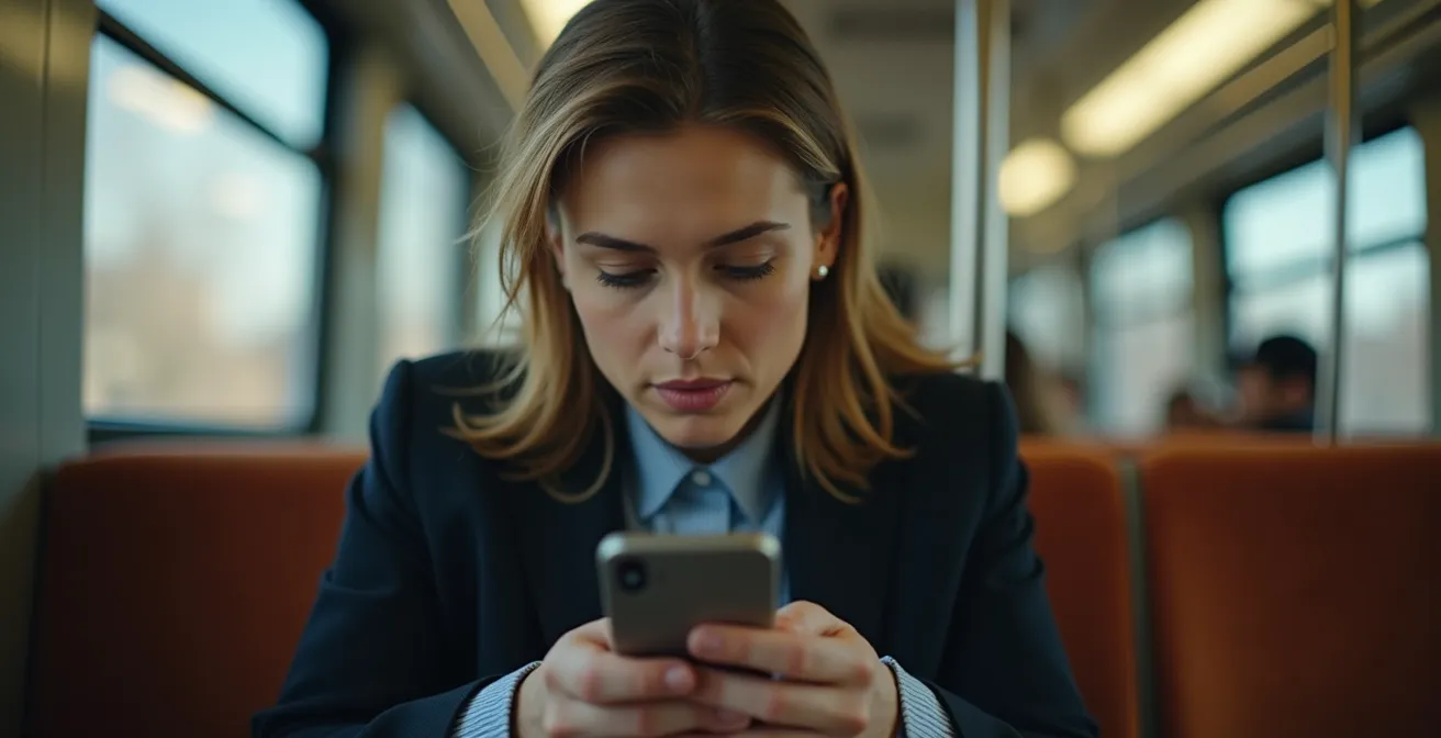 Person studying on phone during underground commute without signal