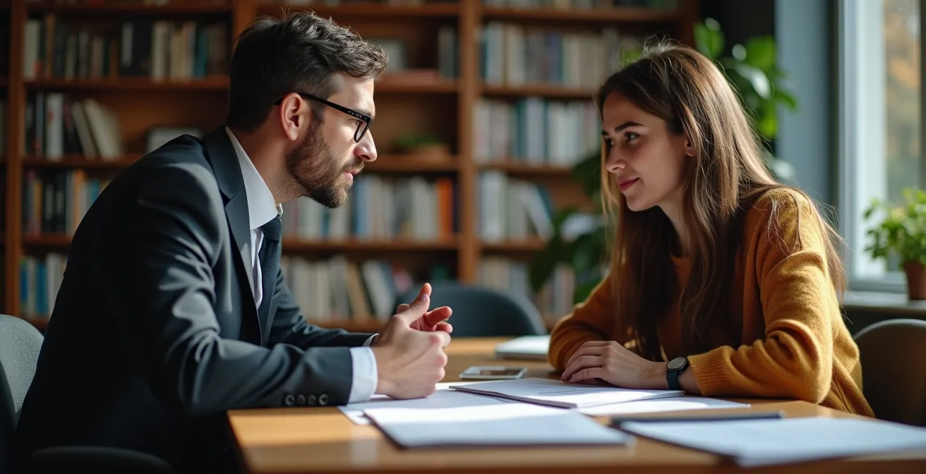 Professional meeting between PhD candidate and potential supervisor in academic setting