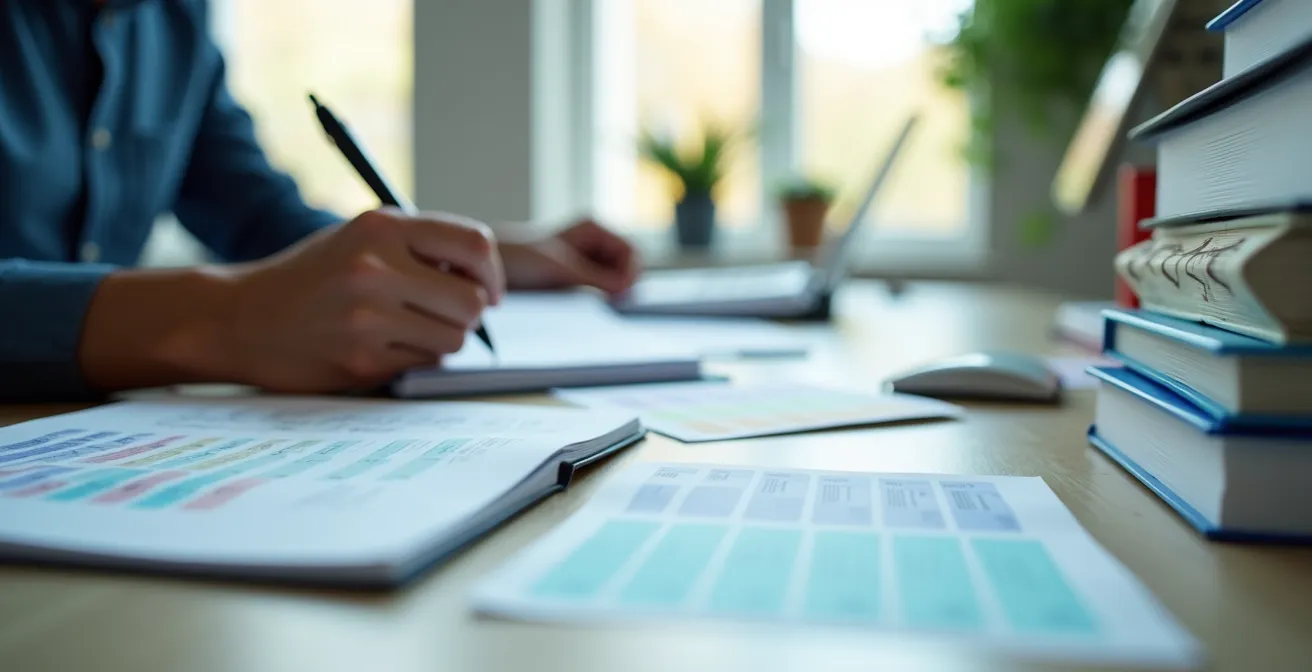 Focused professional studying for PMP certification in organized workspace