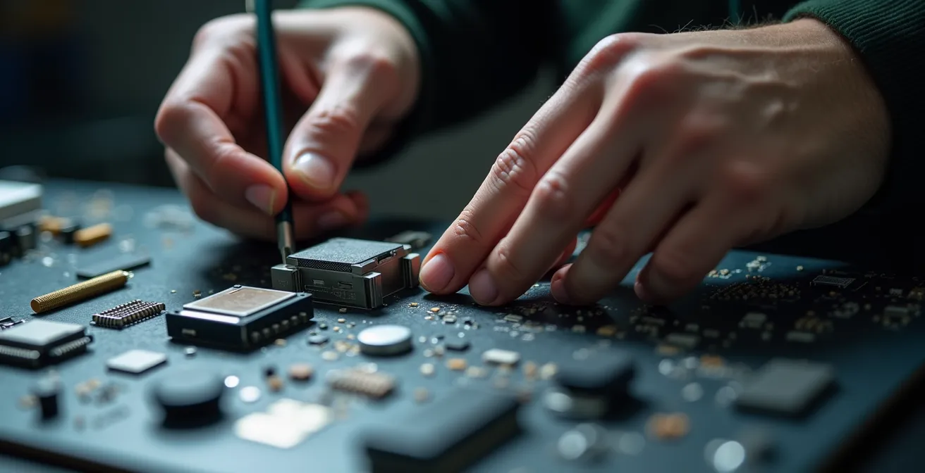 Hands working on engineering prototypes with blueprints and models on a workspace