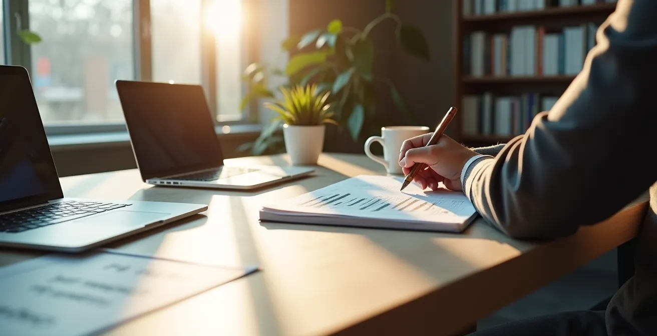Professional composing a thoughtful email at a clean minimalist desk with research notes, demonstrating a strategic approach.