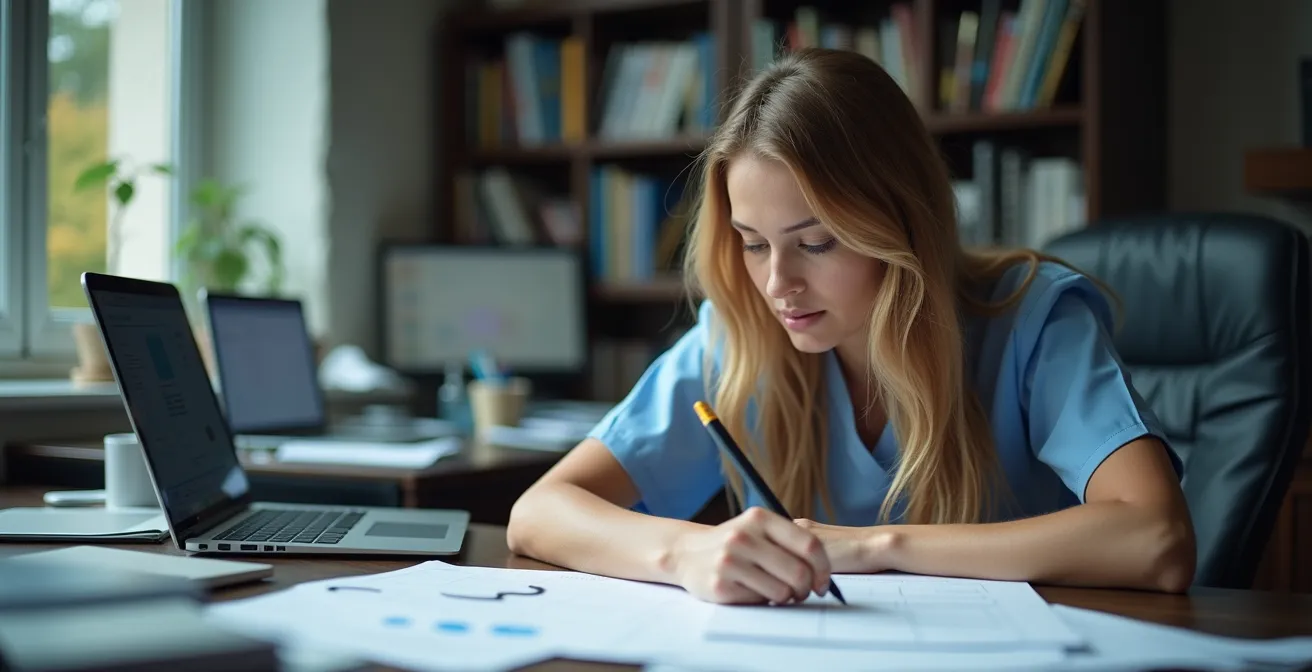 Professional preparing for licensing examination with study materials and certification requirements visible