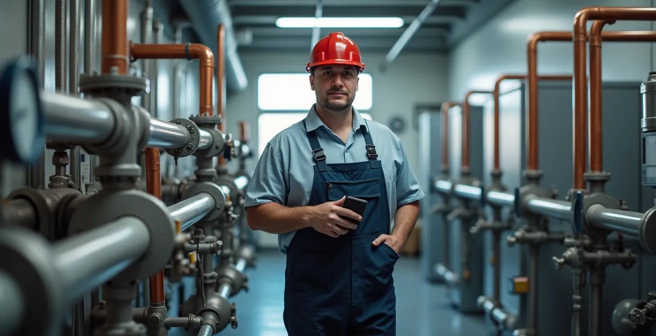 Master plumber examining advanced technical equipment showcasing career progression through certifications