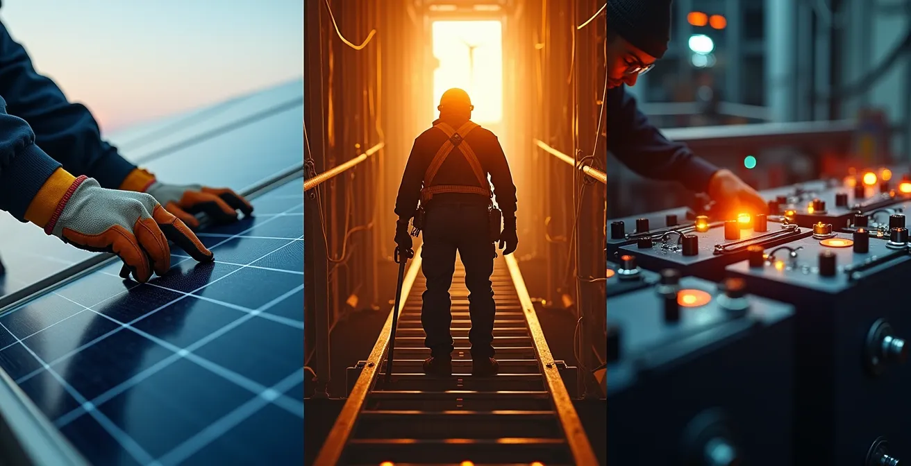 Split-screen composition showing solar technician, wind turbine engineer, and battery storage specialist at work