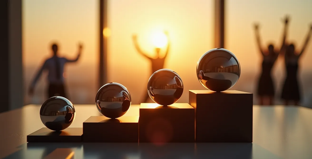 Sales team celebrating achievement milestone in modern office setting