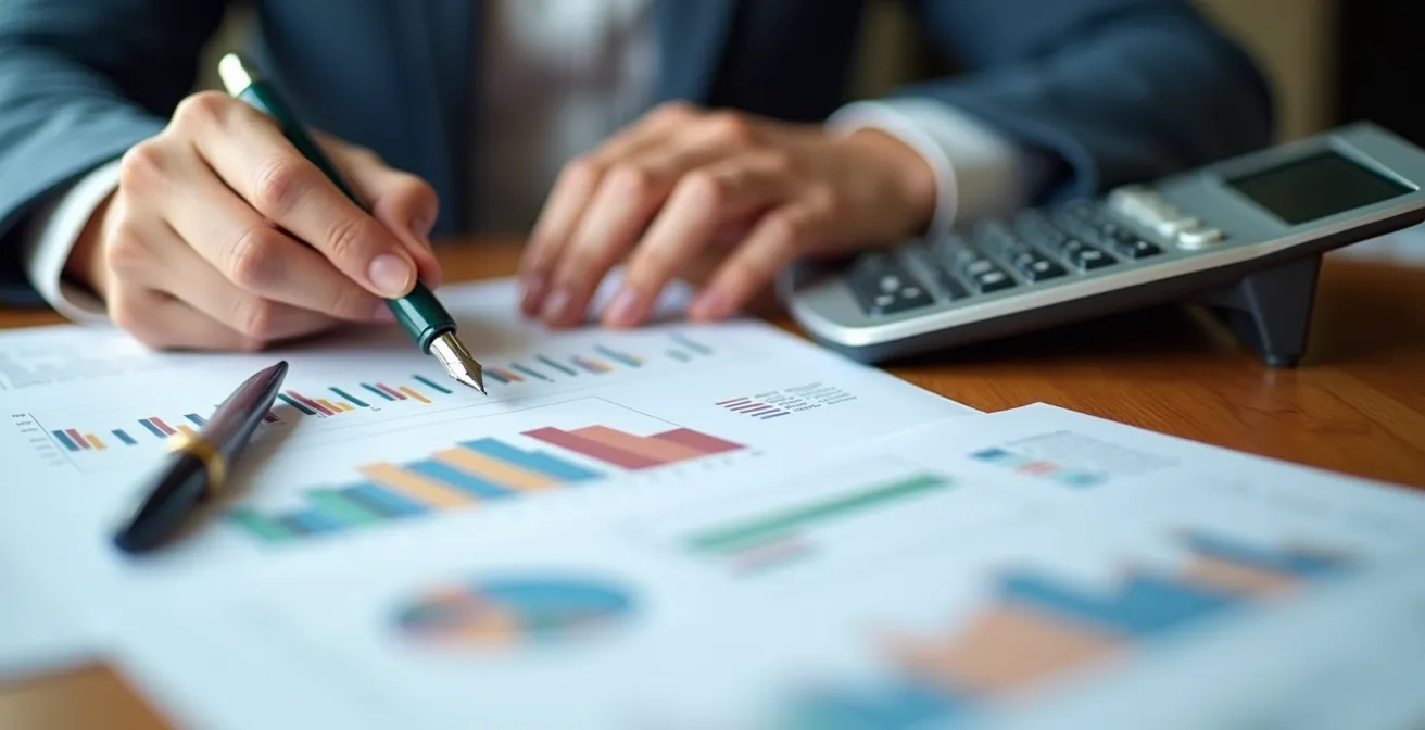 Hands organizing financial documents on desk with calculator and abstract payment timeline