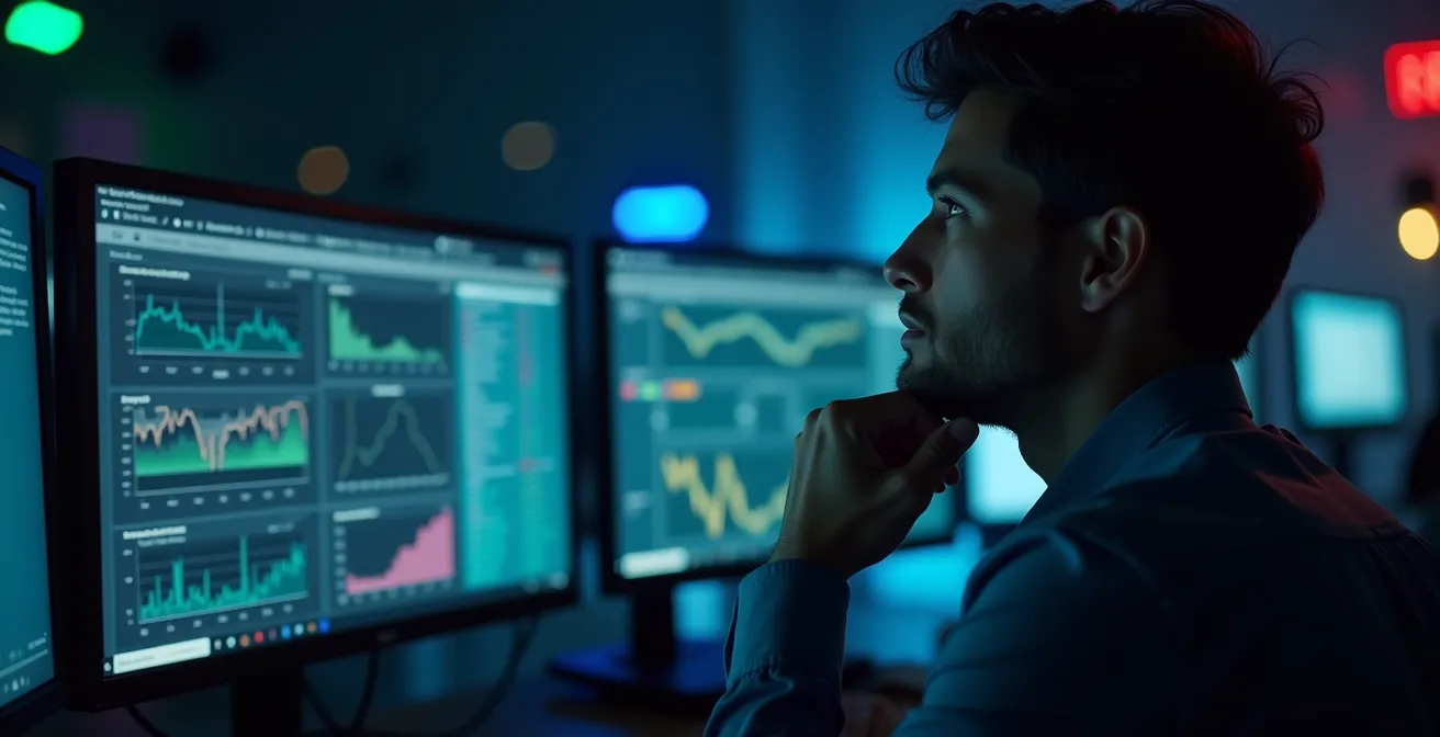 Security operations center with analyst reviewing multiple data streams