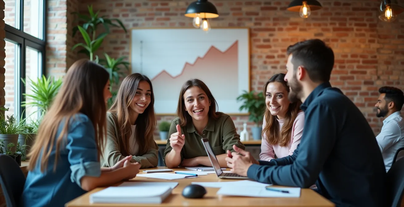 Diverse startup team working in modern open office space with growth visualization