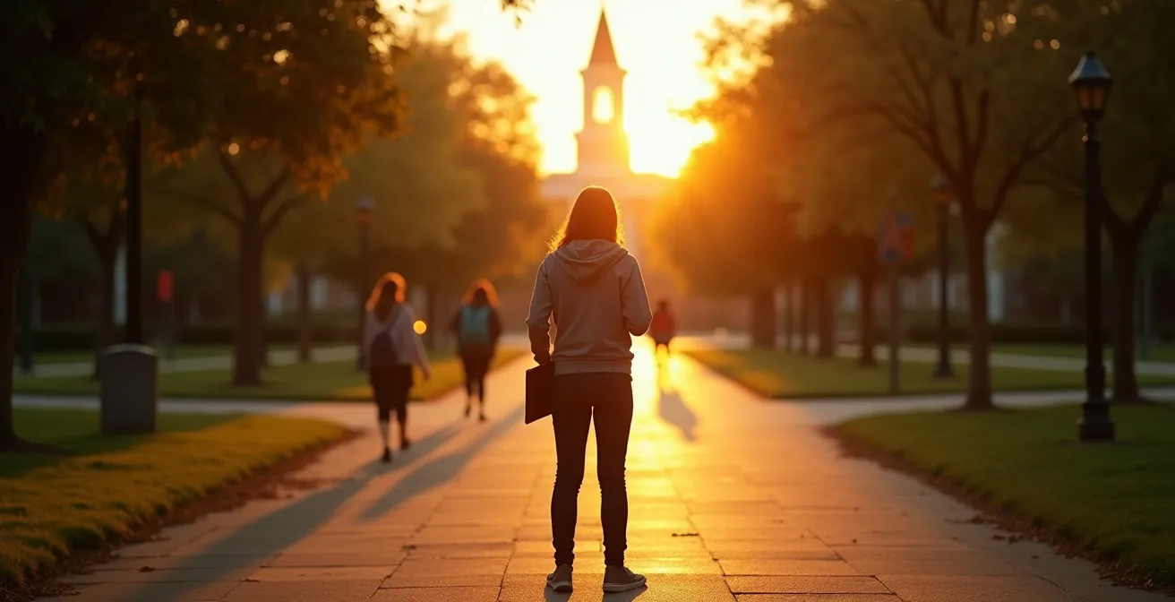 Student standing at a crossroads of campus pathways, symbolizing the critical education decision ahead.