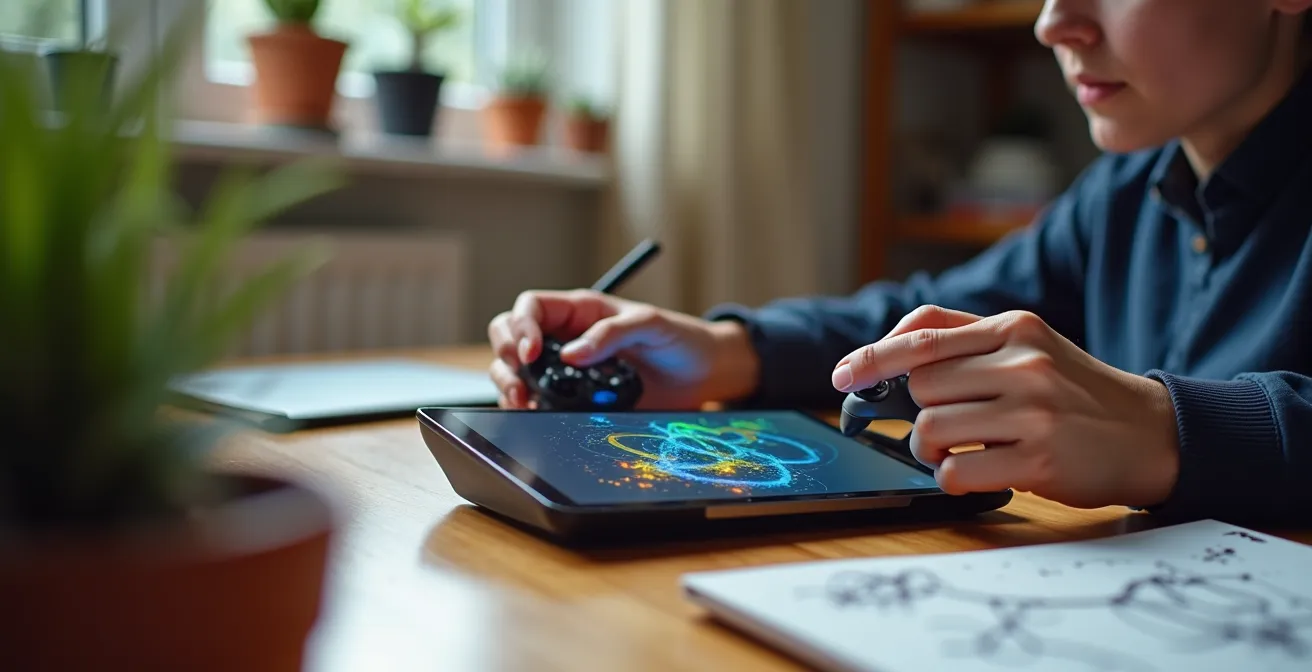 Close-up of hands using an adaptive controller to navigate a virtual microscope simulation on a tablet.