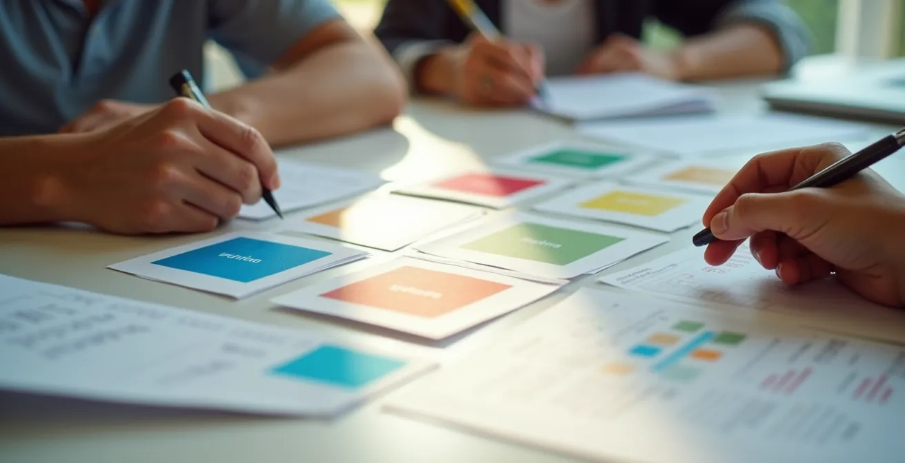 Close-up of hands organizing university research materials on desk