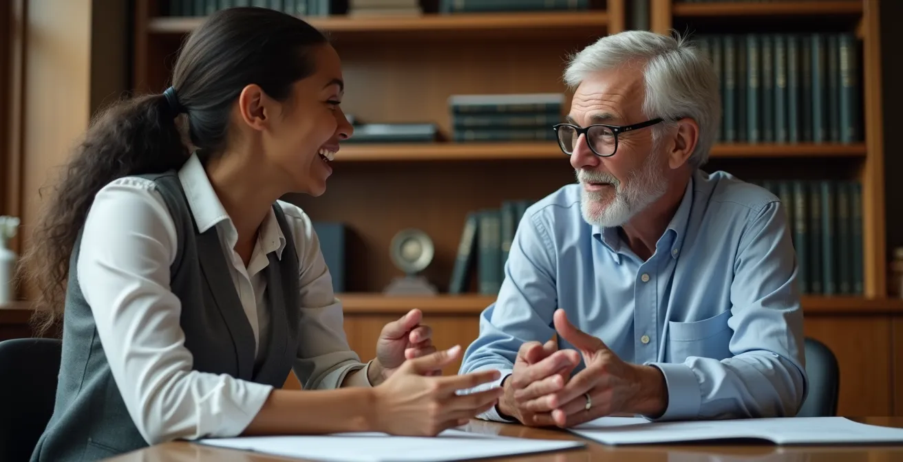 Student discussing career opportunities with university professor in academic office setting
