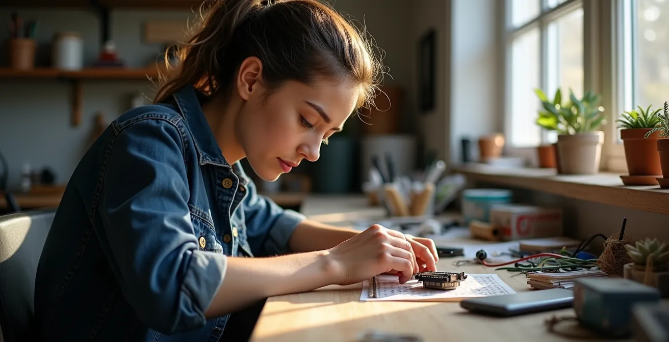 A focused individual working on a personal project in their home workspace