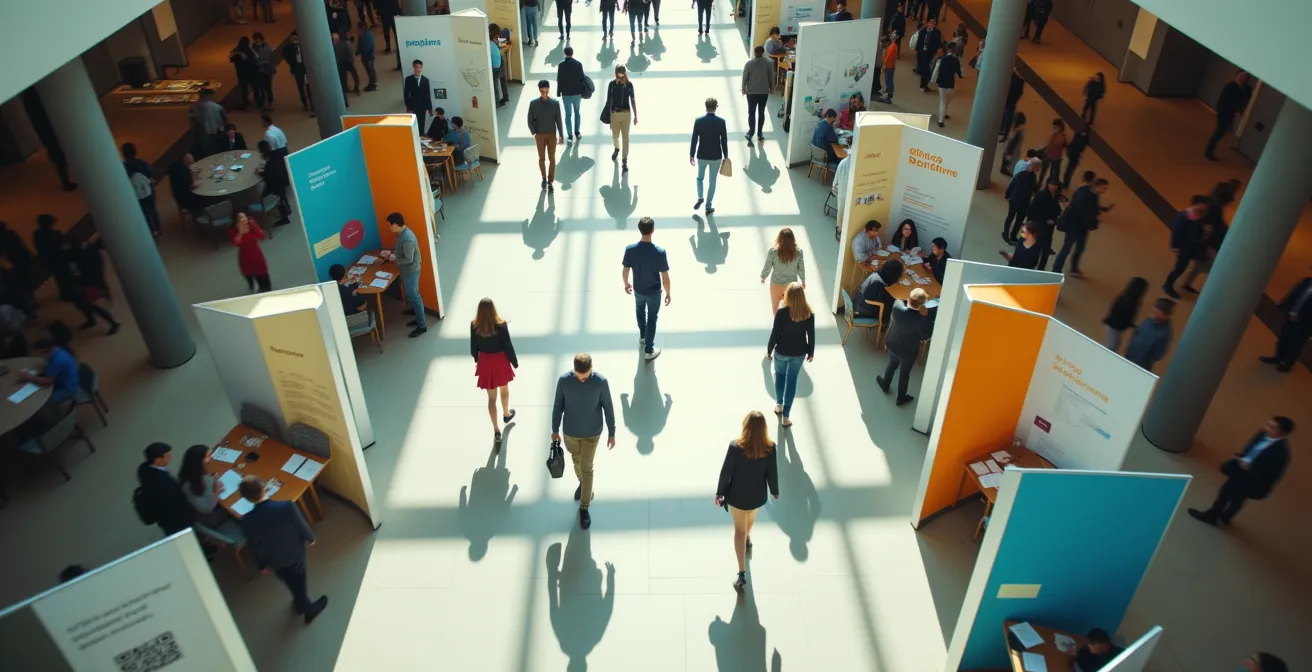 Diverse students networking at university career fair