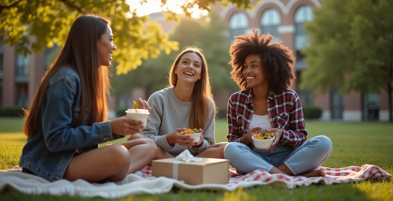 College students having a picnic in campus park