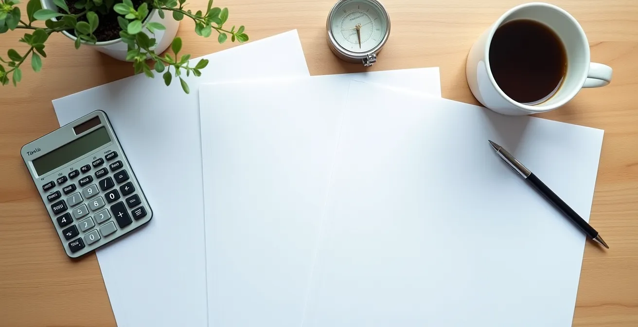 Overhead view of tax forms and a calculator on a graduate student's organized workspace