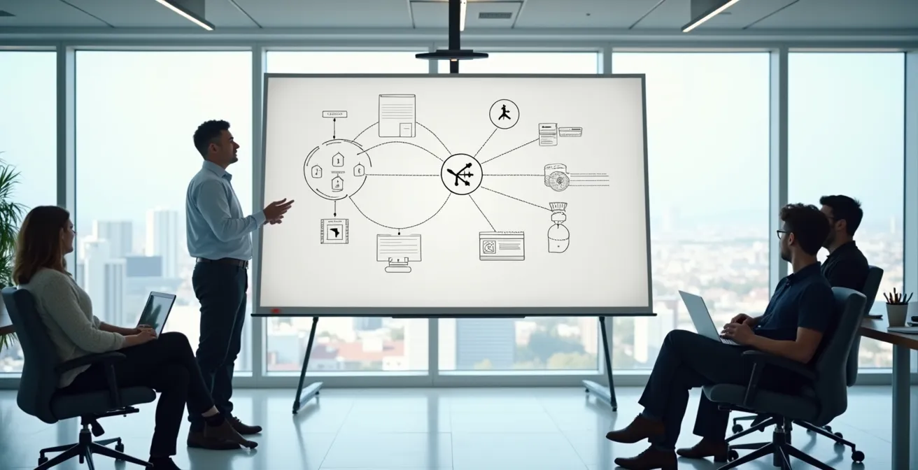 Wide shot of modern office space with single developer standing at whiteboard explaining architecture to seated colleagues, emphasis on collaborative environment