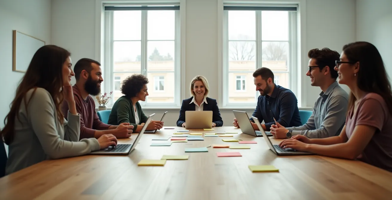 Diverse stakeholders including neurodivergent individuals collaborating on policy development around a table