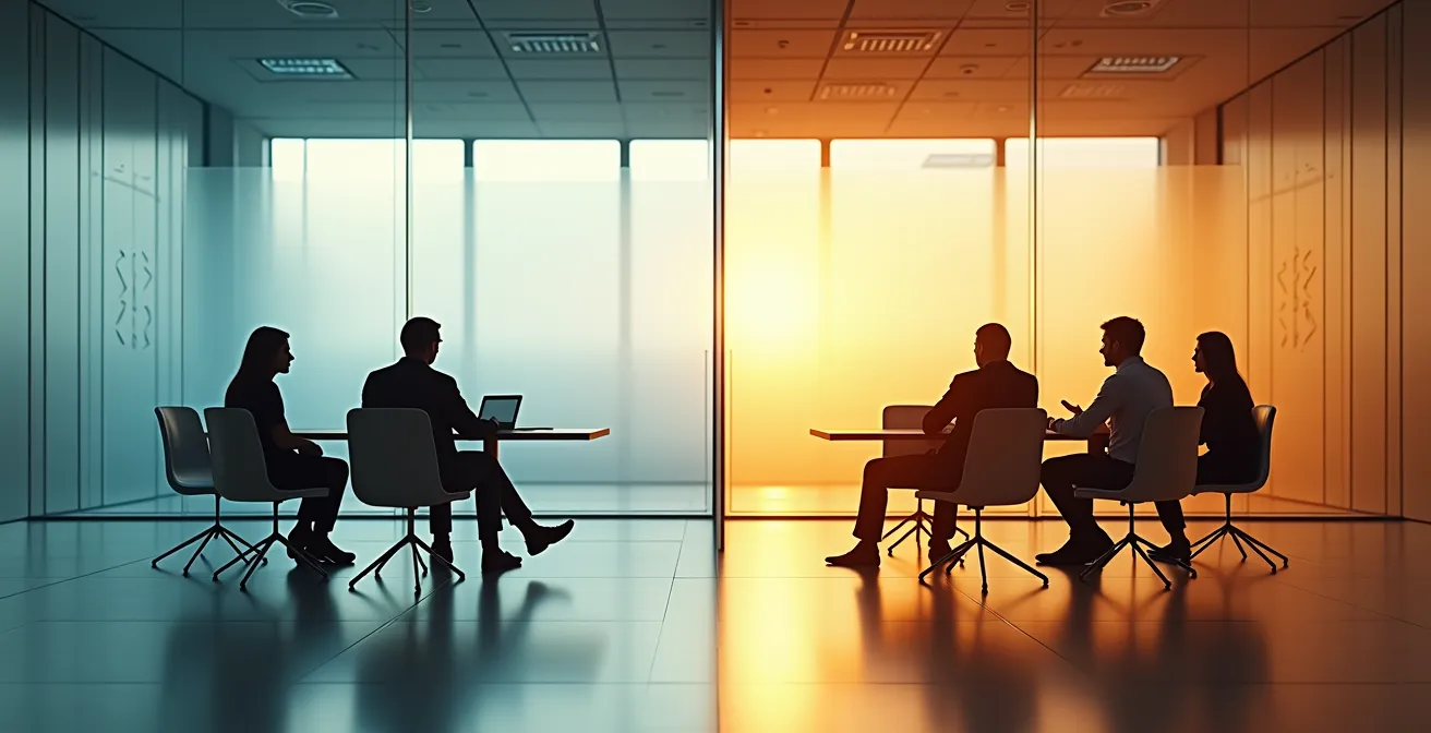 Split scene showing virtual and physical networking environments