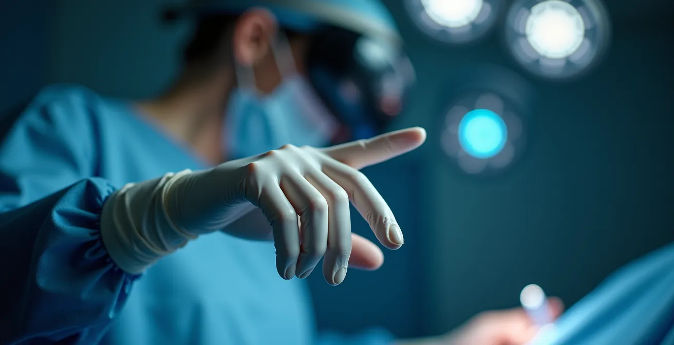 Surgeon using VR headset for procedural training in modern medical facility