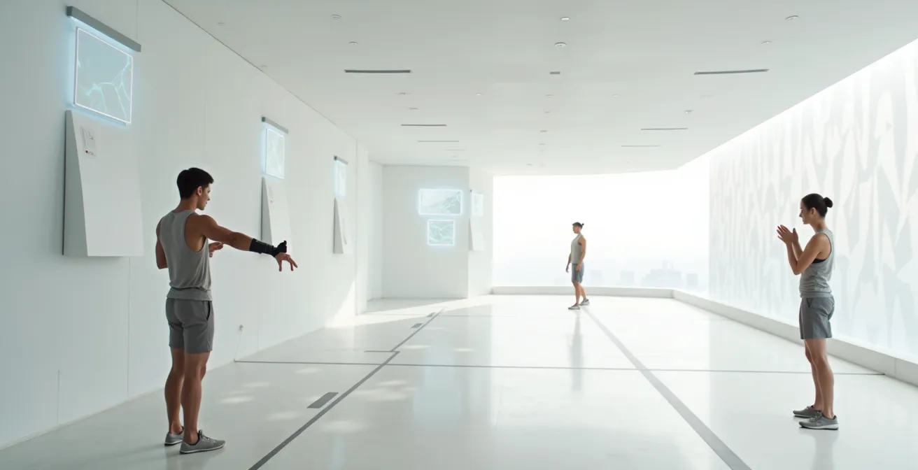 Wide shot of modern VR training facility showing spacious environment with practitioners using haptic equipment