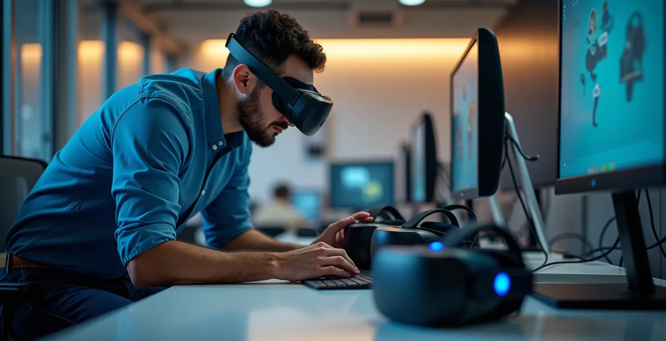 IT specialist configuring multiple VR headsets in a modern training facility