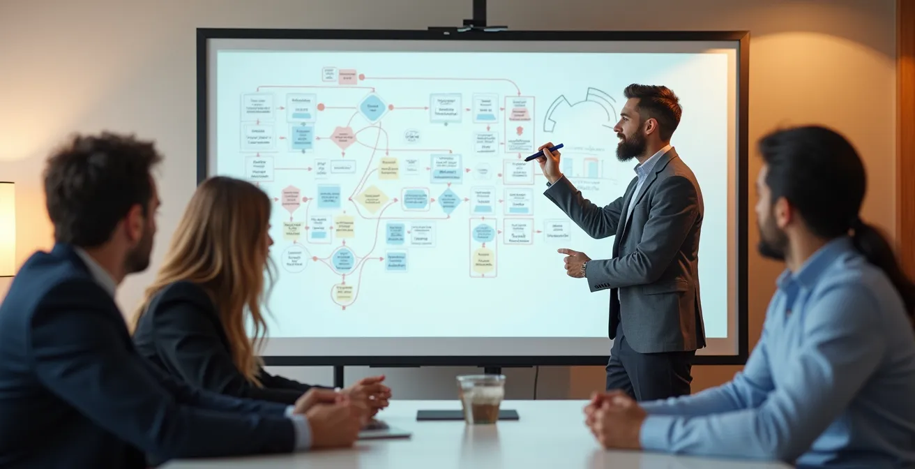 Professional presenting strategic framework on whiteboard to engaged team members